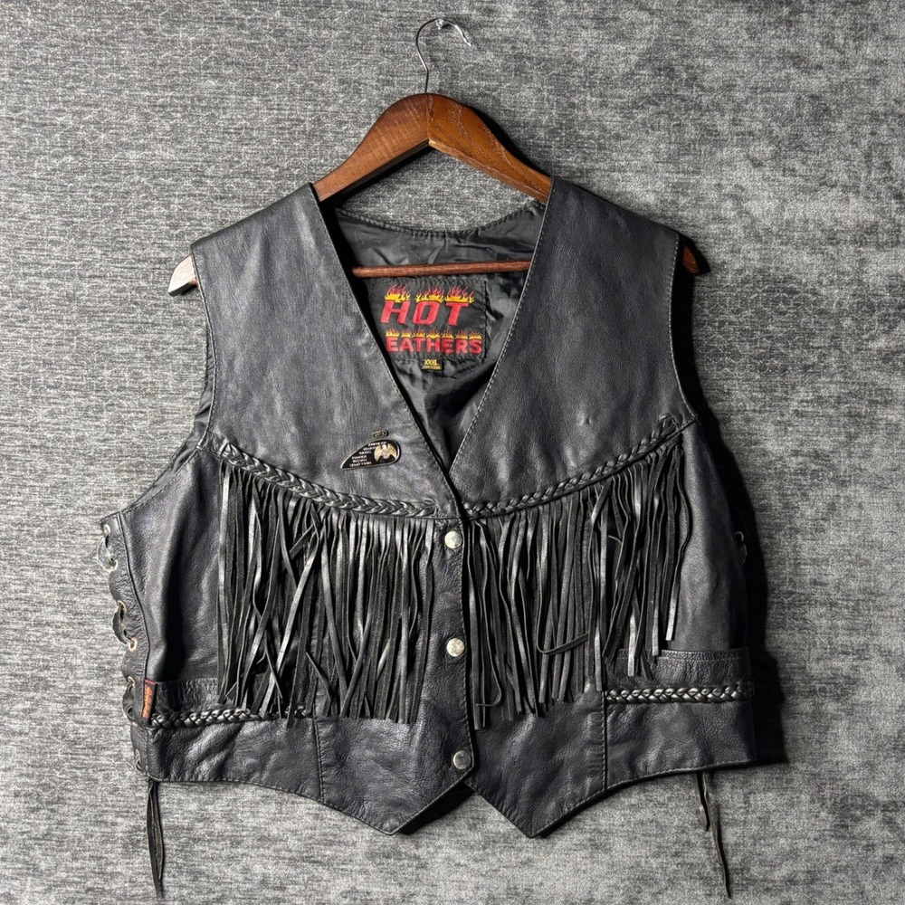 Hot Leathers Mens XXXL Black Fringe Leather Biker Vest Concho Side Lace